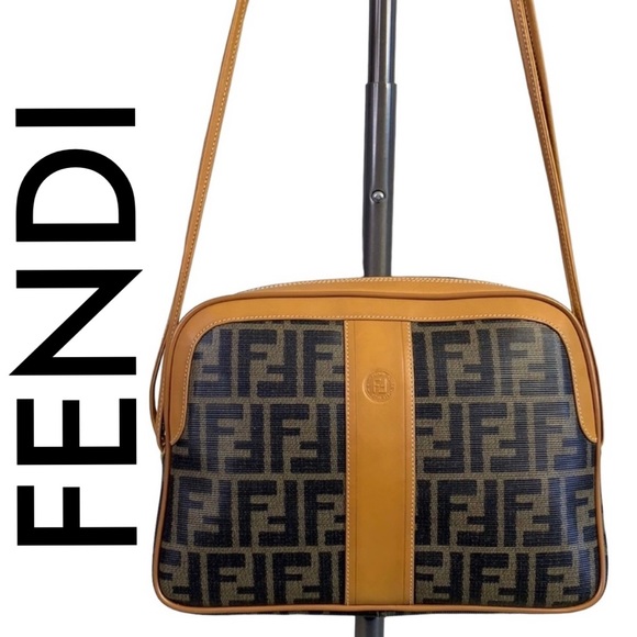 Fendi Handbags - FENDI LEATHER BLACK BROWN COATED CANVAS MONOGRAM SHOULDER CROSSBODY